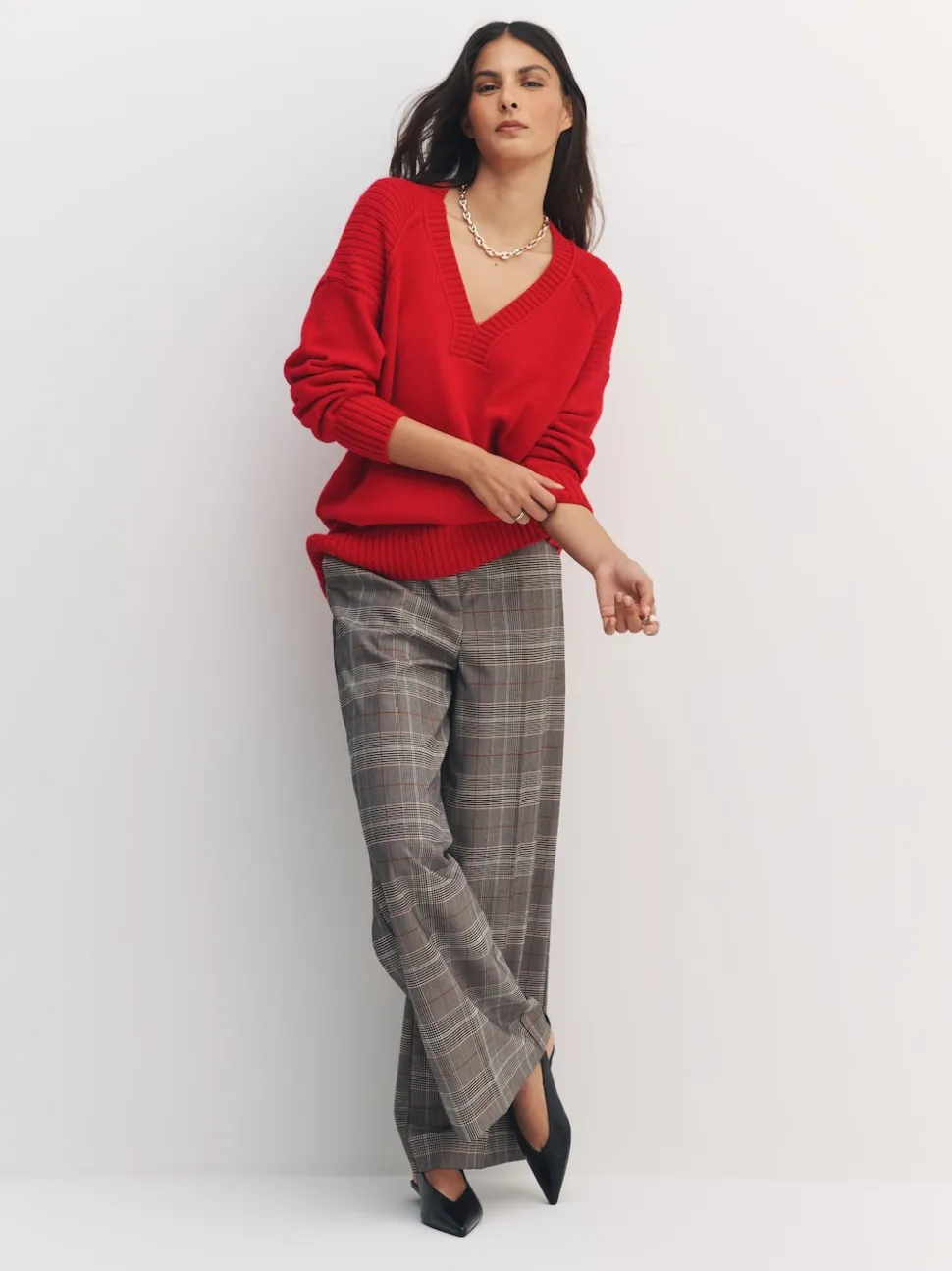 Rouge cerise - Pull long à col en V en coton et laine mélangés