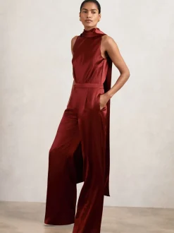 Rouge foncé - Combinaison Cape Reiss Farah en satin à ceinture