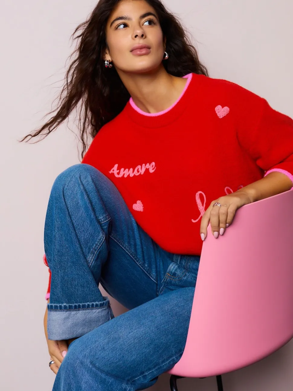 Rouge/Rose - Pull de Saint-Valentin brodé confortable
