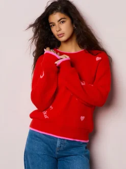 Rouge/Rose - Pull de Saint-Valentin brodé confortable