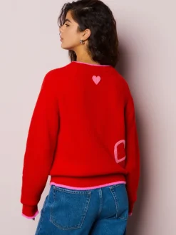 Rouge/Rose - Pull de Saint-Valentin brodé confortable
