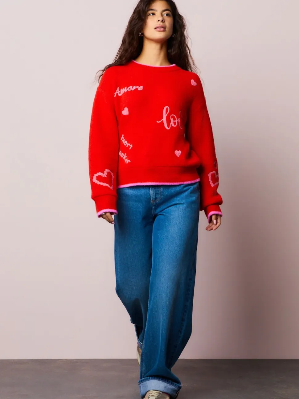 Rouge/Rose - Pull de Saint-Valentin brodé confortable