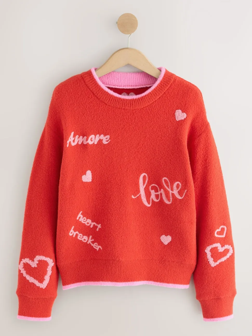 Rouge/Rose - Pull de Saint-Valentin brodé confortable