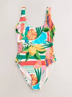 Rouge/Vert Tropical - DD Maillot de bain coupe ventrale Col dégagé