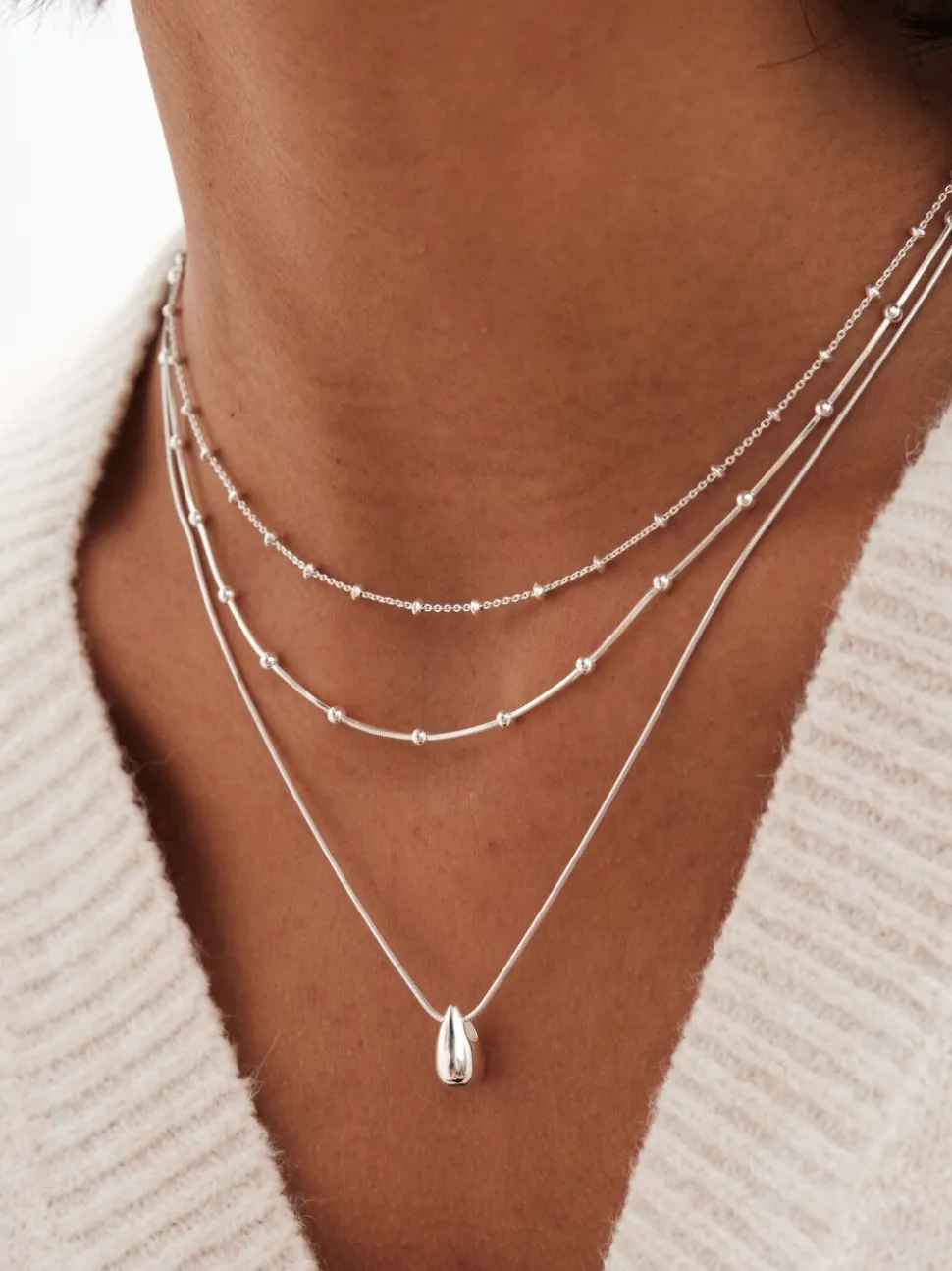Simply Silver Tone Sterling 925 Polished Double Row Ball Chain Necklace
