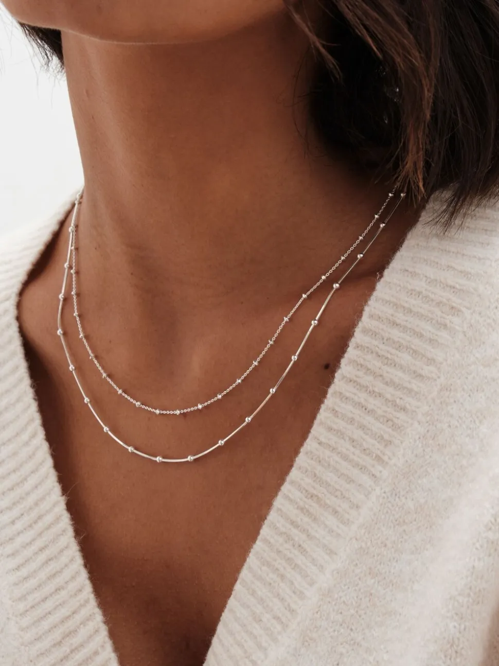Simply Silver Tone Sterling 925 Polished Double Row Ball Chain Necklace