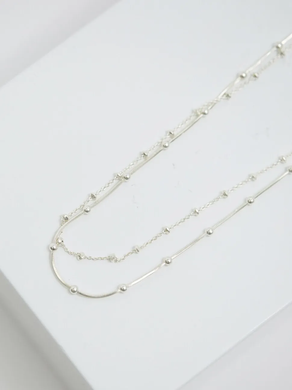 Simply Silver Tone Sterling 925 Polished Double Row Ball Chain Necklace