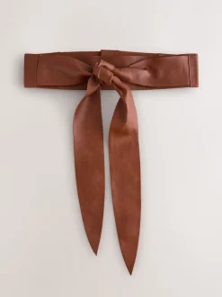 Tan - Ceinture large en cuir avec détail noué