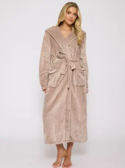 Taupe (Taupe) - Peignoir Loungeable longue luxueuse à capuche en polaire avec ruban de Noël