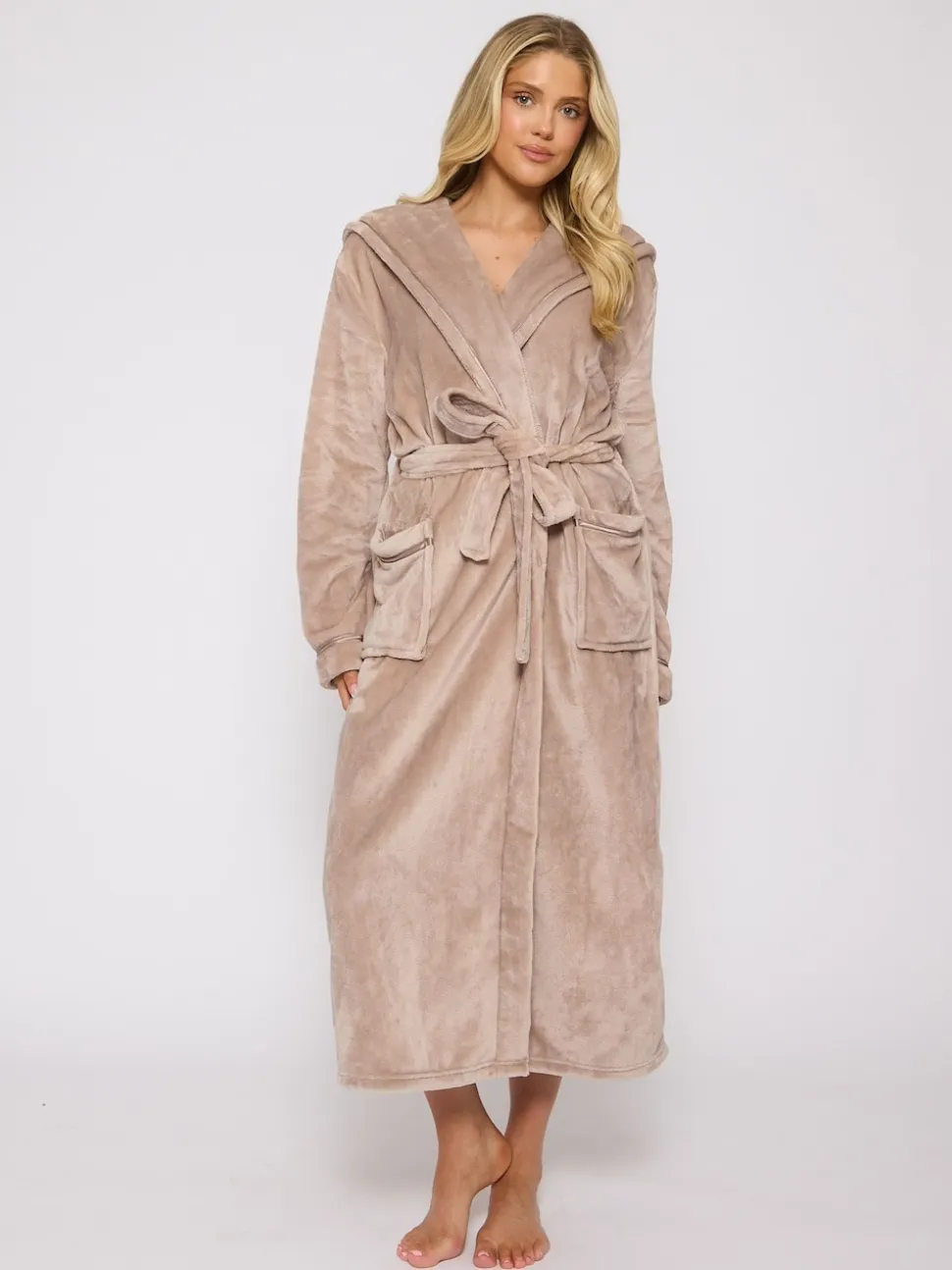 Taupe (Taupe) - Peignoir Loungeable longue luxueuse à capuche en polaire avec ruban de Noël
