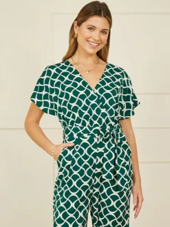 Vert - Combinaison Yumi enveloppante à imprimé géométrique