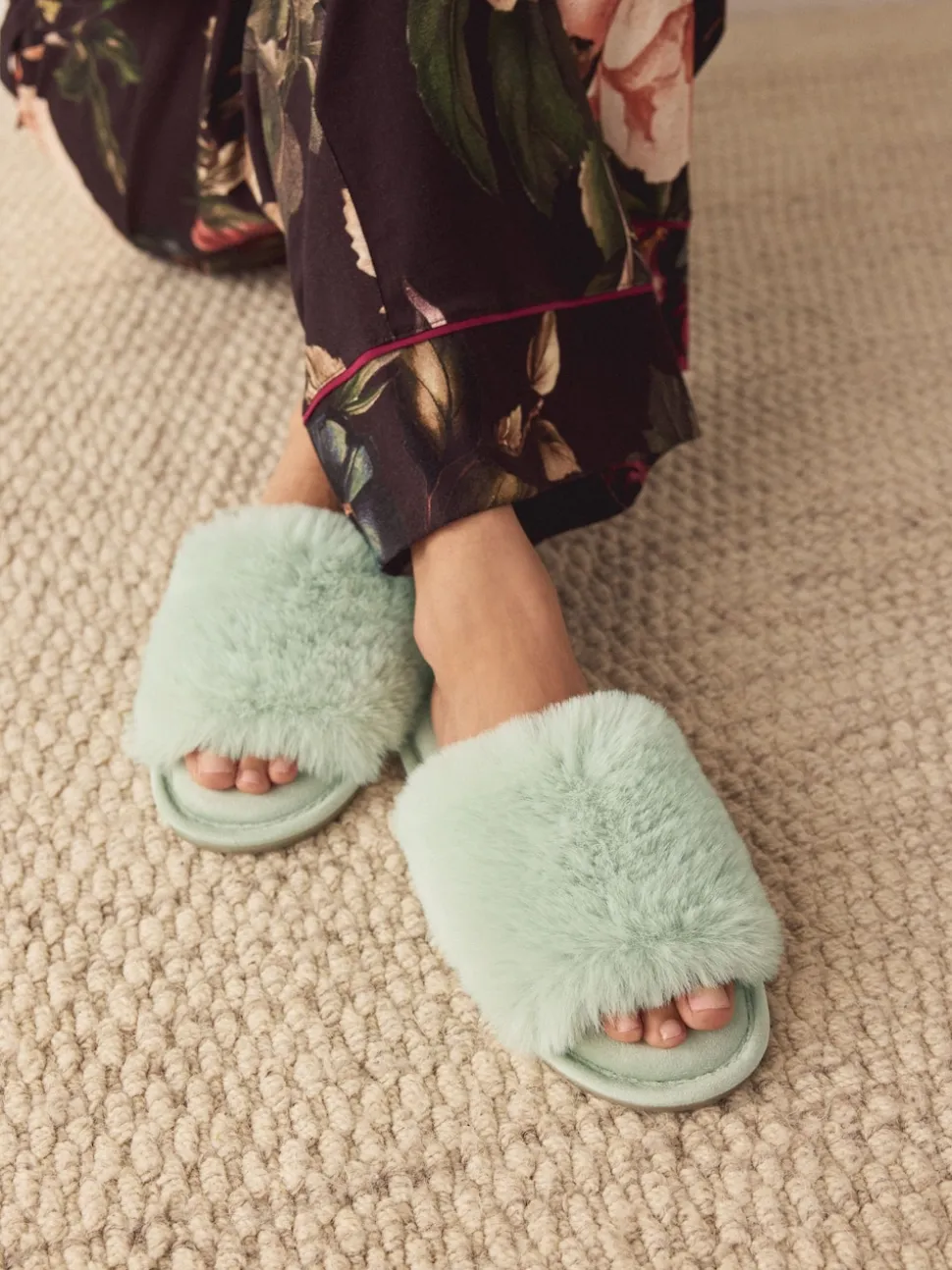 Vert à la menthe - Chaussons curseurs doublés de fausse fourrure