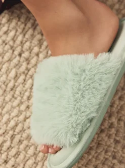Vert à la menthe - Chaussons curseurs doublés de fausse fourrure
