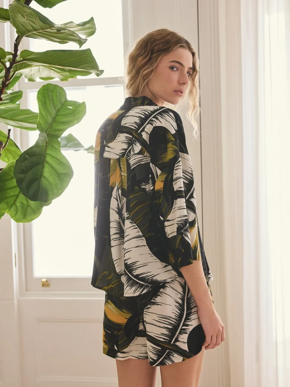 Vert à palmiers - Ensemble Pyjamas Shorts boutonné