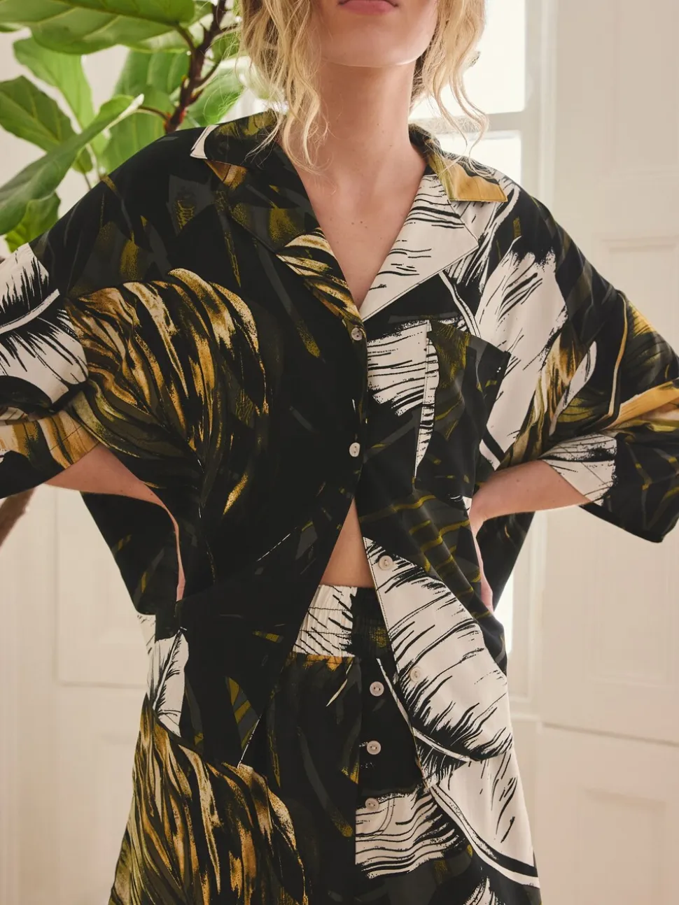 Vert à palmiers - Ensemble Pyjamas Shorts boutonné