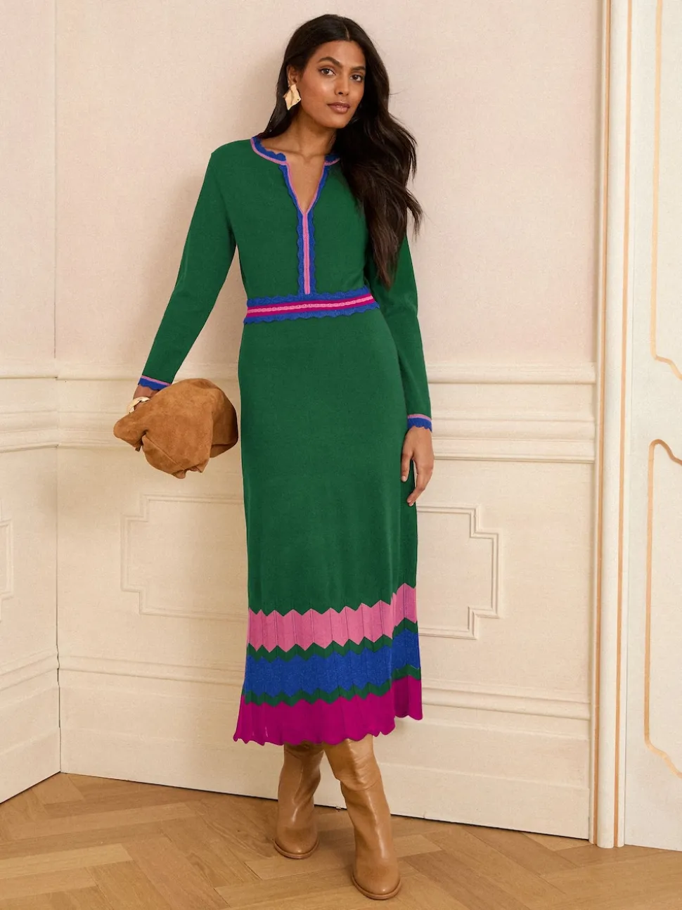 Vert - Robe mi-longue Love & Roses en maille à encolure crantée