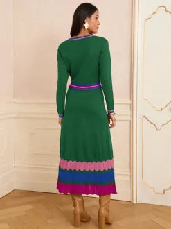 Vert - Robe mi-longue Love & Roses en maille à encolure crantée