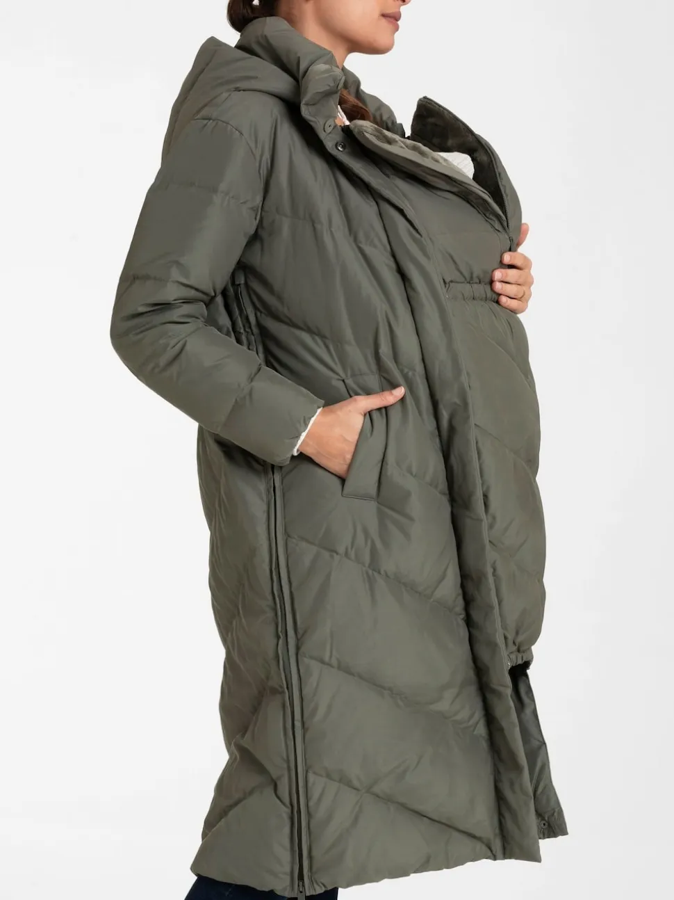 Vert - Seraphine 3-en-1 Long manteau Grossesse à chevrons
