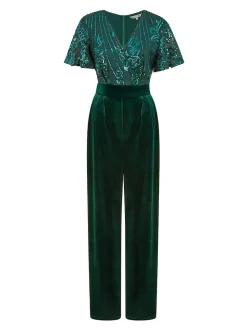 Vert - Yumi Combinaison en velours ornée de sequins avec manches d’ange