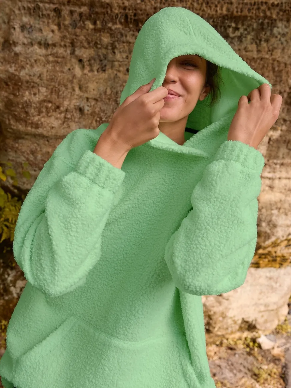 Vert citron - Sweat-shirt à capuche doux Borg à manches longues