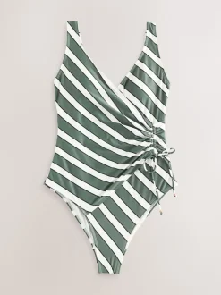 Vert et Crème Rayure - Maillot de bain gainant le ventre froncé