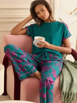 Vert et Rose Floral - Love & Roses Ensemble Pyjamas en jersey imprimé à Manches courtes