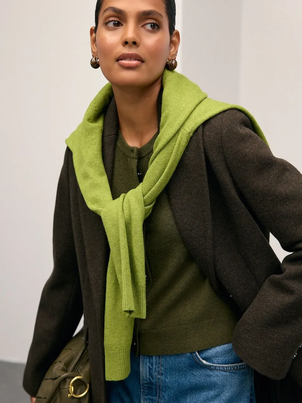 Vert kaki - Cardigan ajusté ultra-doux à col rond en laine