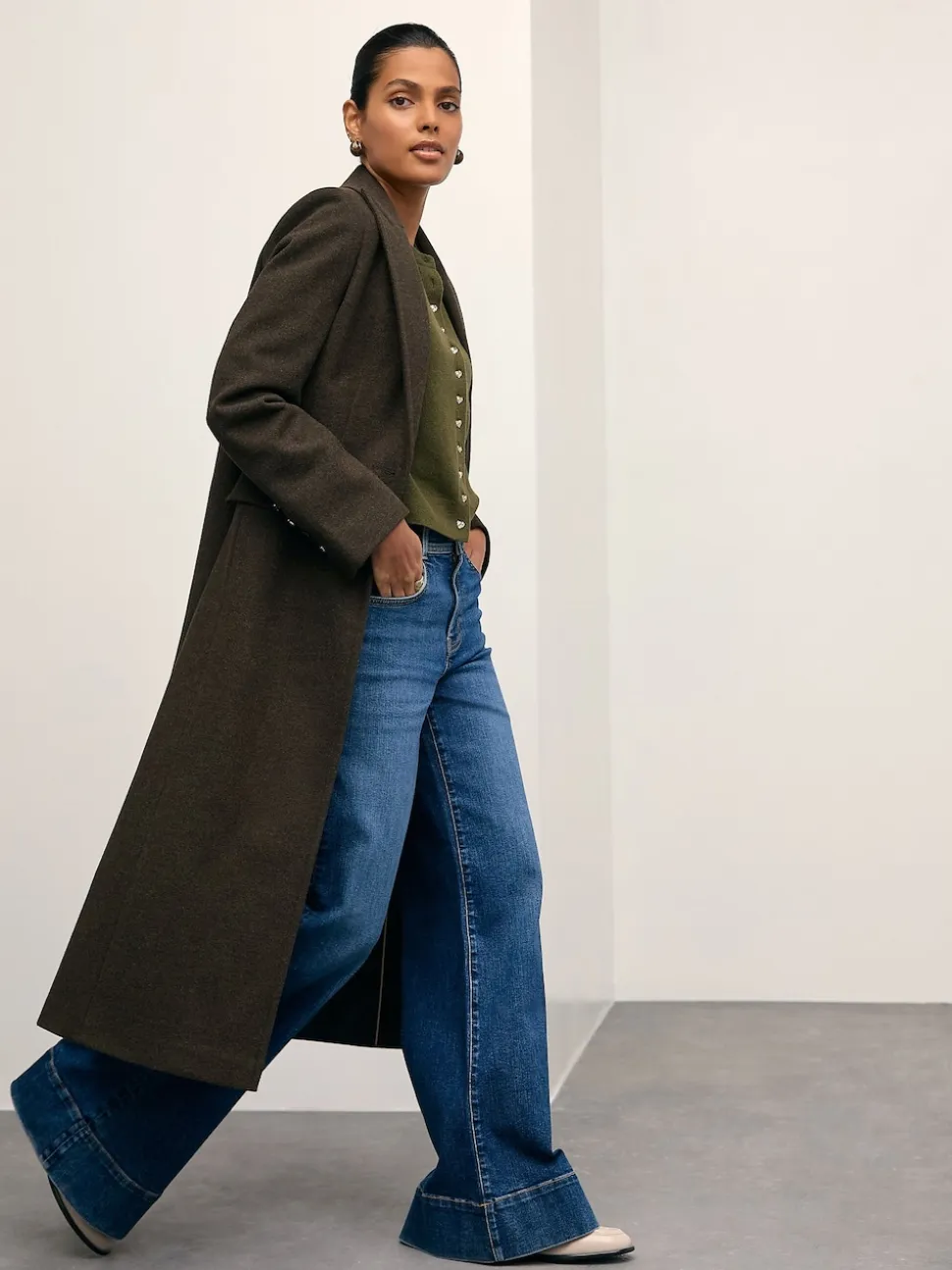Vert kaki - Cardigan ajusté ultra-doux à col rond en laine