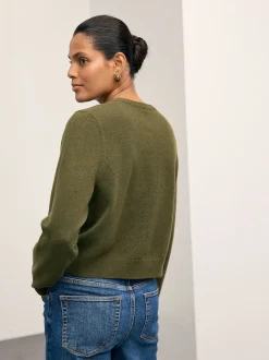 Vert kaki - Cardigan ajusté ultra-doux à col rond en laine