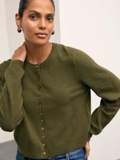 Vert kaki - Cardigan ajusté ultra-doux à col rond en laine