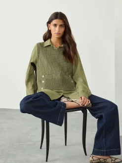 Vert kaki - Couche de chemise débardeur en maille avec boutons