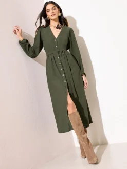 Vert kaki - Friends Like These Robe mi-longue texturée boutonnée à Manches longues Ceinturée