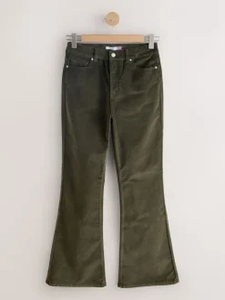 Vert kaki - Jean évasé en velours côtelé à taille haute
