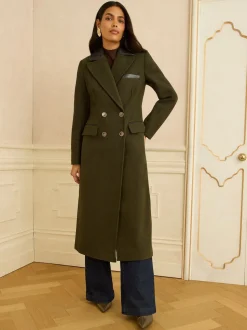 Vert kaki - Love & Roses Manteau long à double boutonnage avec col en similicuir en PU