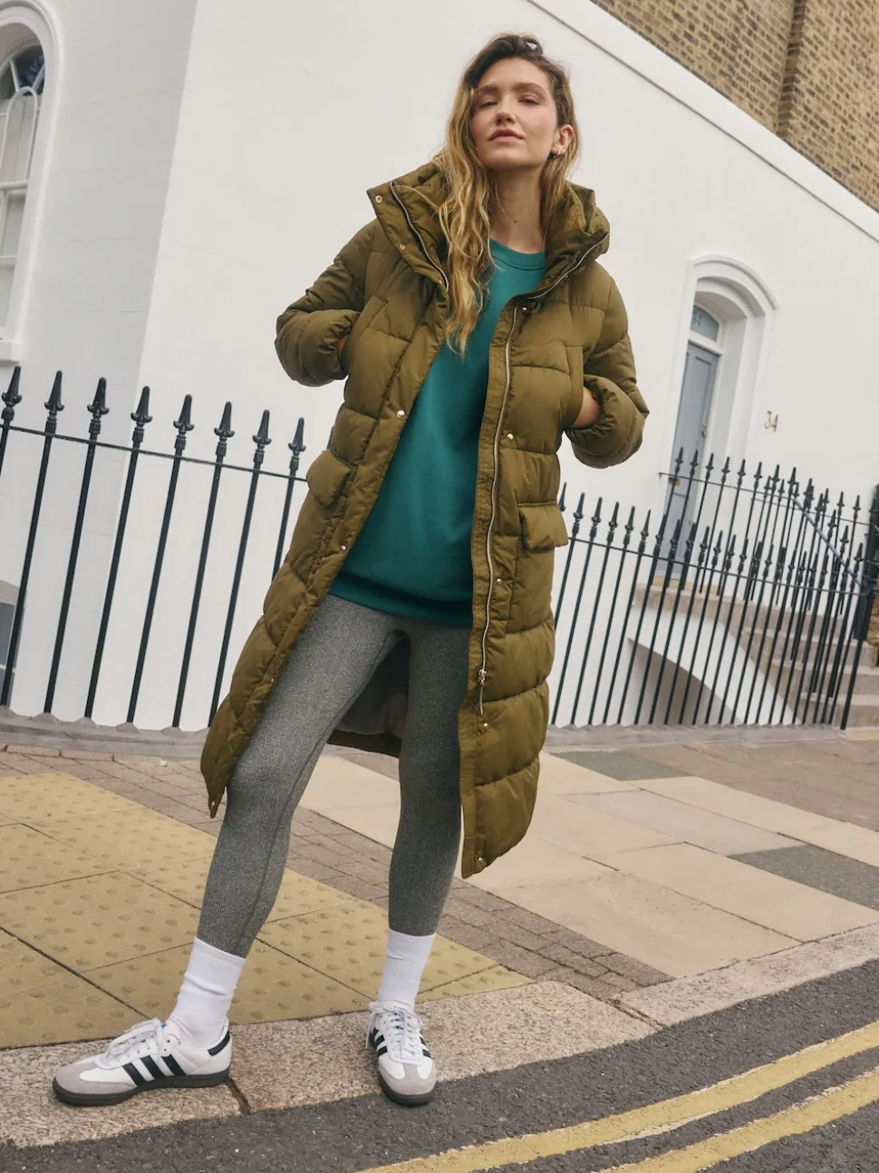 Vert kaki - Manteau long matelassé à capuche résistant à la douche
