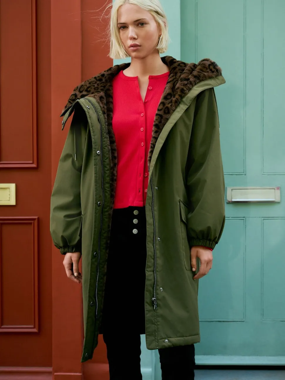 Vert kaki - Parka avec doublure en fausse fourrure imprimée Animal