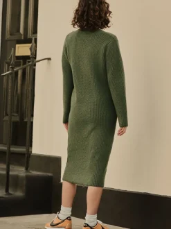 Vert kaki - Robe mi-longue très douce à col en V en laine
