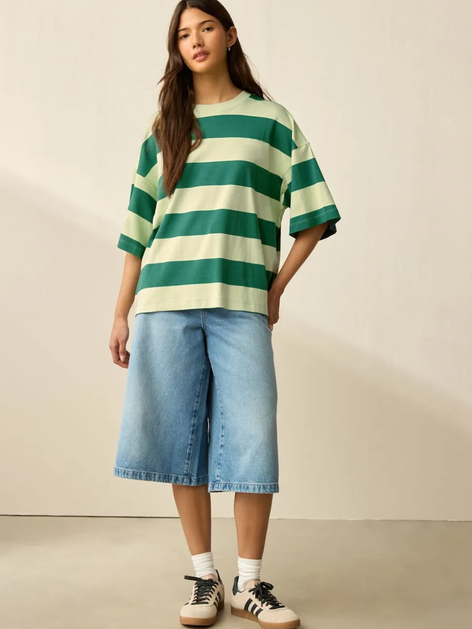 Vert Monochrome - T-shirt oversize décontracté boxy épais à col ras du cou