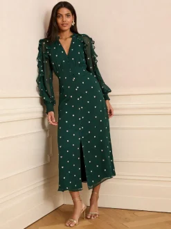 Vert motif cœur - Robe mi-longue Love & Roses brodée à volants