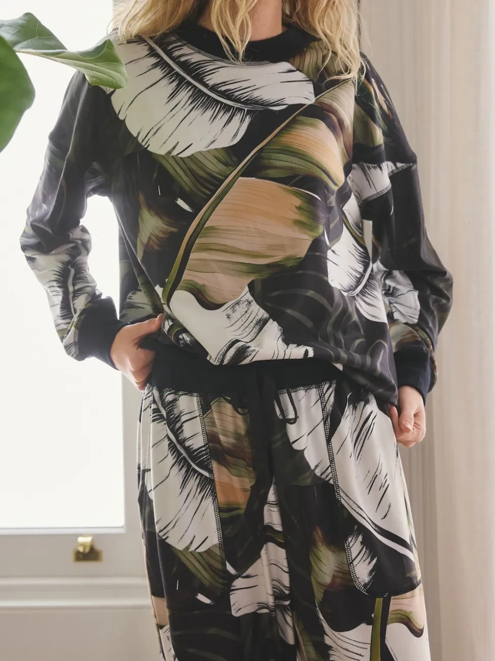 Vert motif feuilles - Pyjama confortable à manches longues