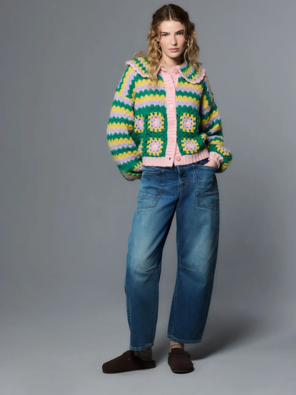 Vert Multicolore Patch - Cardigan à col crocheté à la main