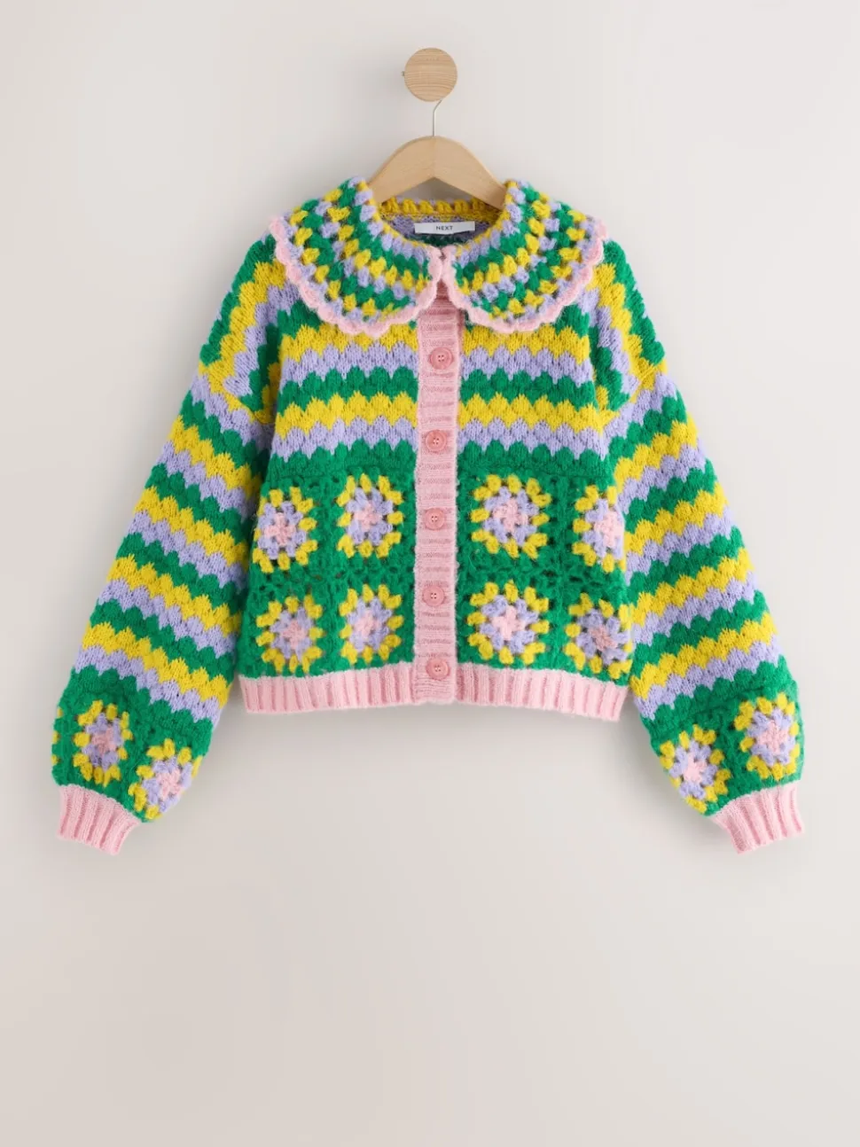Vert Multicolore Patch - Cardigan à col crocheté à la main