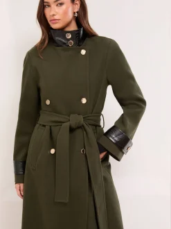 Vert olive - Manteau long à col cheminée ceinturé effet croco Lipsy