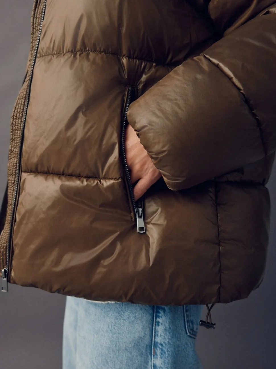 Vert olive - Manteau matelassé ultra brillant