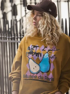 Vert olive - Sweat-shirt à col rond à manches longues en coton riche en fruits