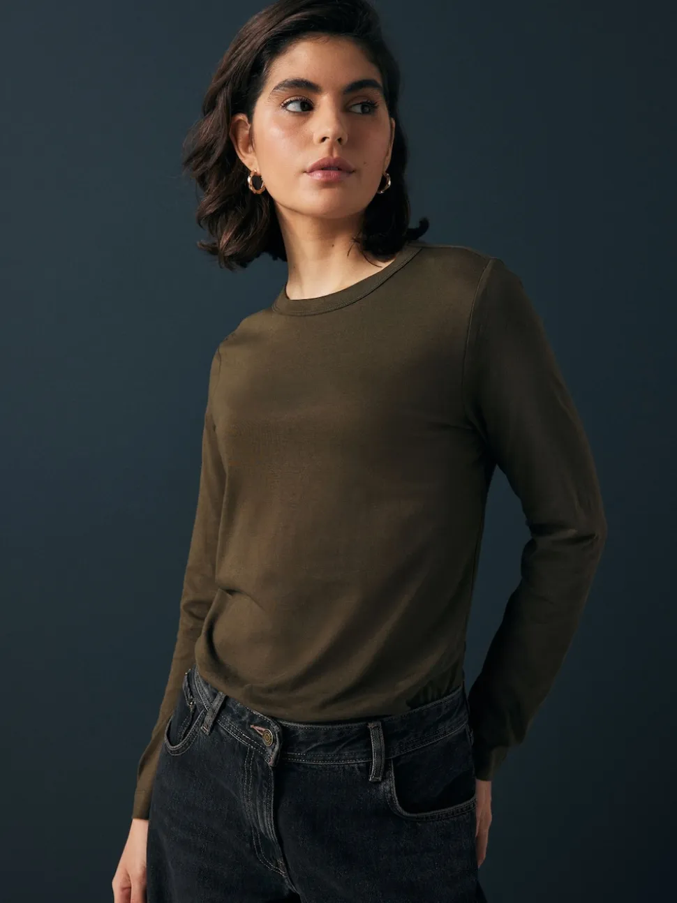 Vert olive - T-shirt à manches longues de cou d'équipage
