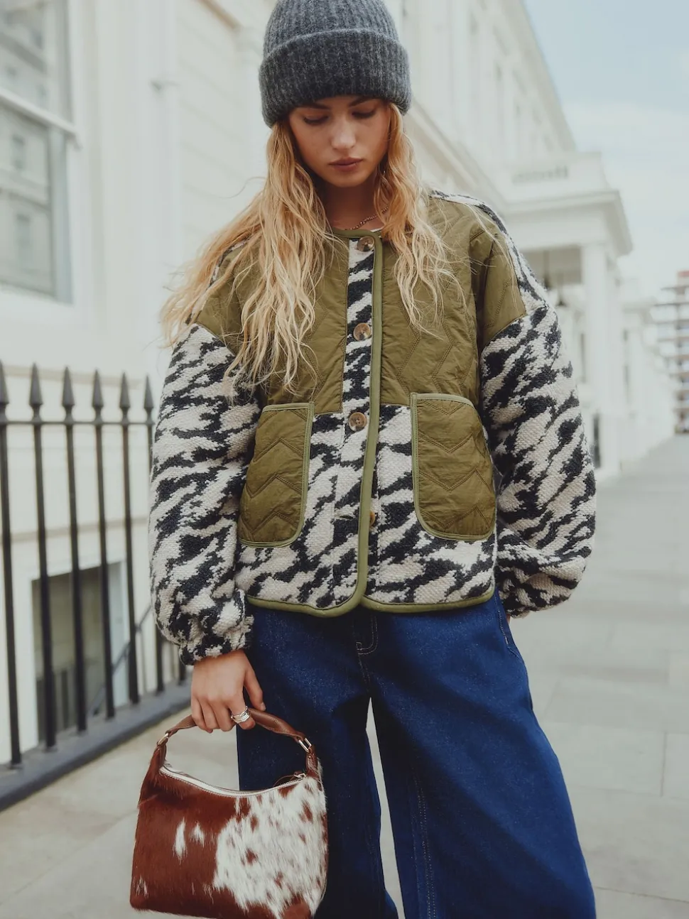 Vert olive/Imprimé animal - Veste en peau de mouton boutonnée duveteuse et confortable