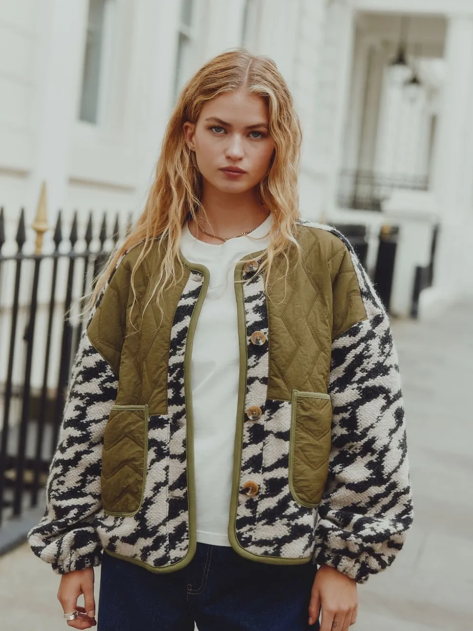 Vert olive/Imprimé animal - Veste en peau de mouton boutonnée duveteuse et confortable