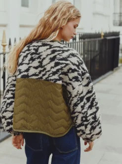 Vert olive/Imprimé animal - Veste en peau de mouton boutonnée duveteuse et confortable