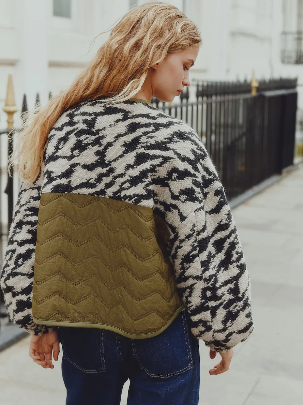 Vert olive/Imprimé animal - Veste en peau de mouton boutonnée duveteuse et confortable